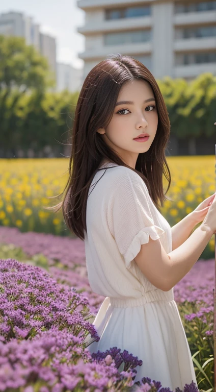 A painting depicting a woman in a field of flowers with a building in the background, Beautiful character drawings, Vadim Kashin. Ultra-realistic, Beautiful Art UHD 4K, Beautiful paintings, Girl in the flower garden, Beautiful digital art, Beautiful paintings, Painting by Marek Okon, Oil on canvas 4K, Front view of a girl in a flower field, Watercolor style