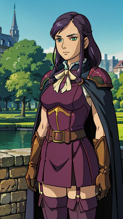 (1girl, eve belduke), (extremely detailed CG unit 8k wallpaper),(master part), (best quality), (ultra detail), (best illustration),(ghibli style), cowboy shot, (Sharp eyeliner, ombre, detail eyes:1), city park, outdoors , break , (GHIBLI_Background), upper body, 1girl, armor, purple hair, cape, dress, gloves, green eyes, long hair, parody, pillarboxed, solo, thighhighs,