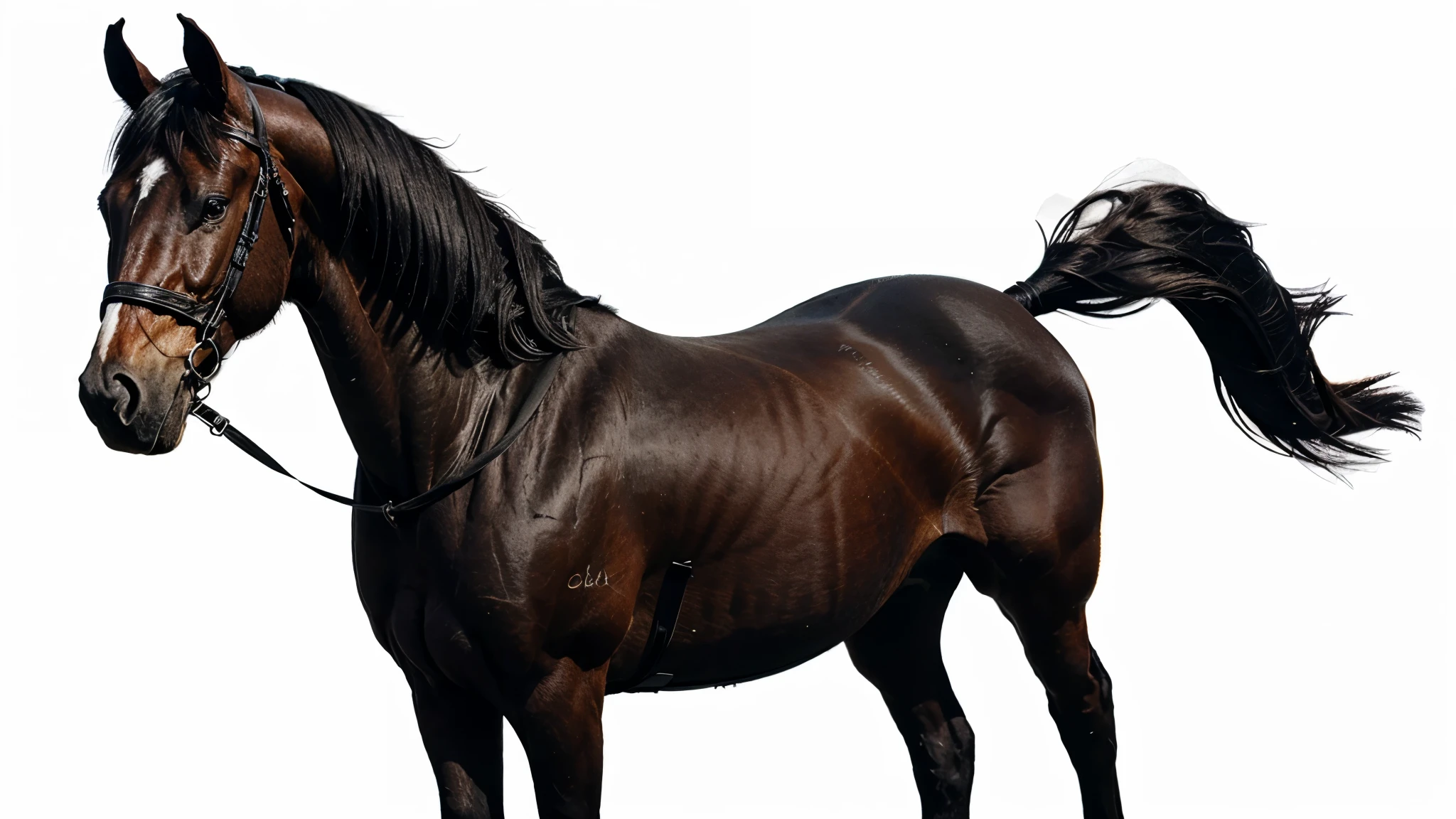 Realistic looking black colour good looking horse, standing, isolated on the white background