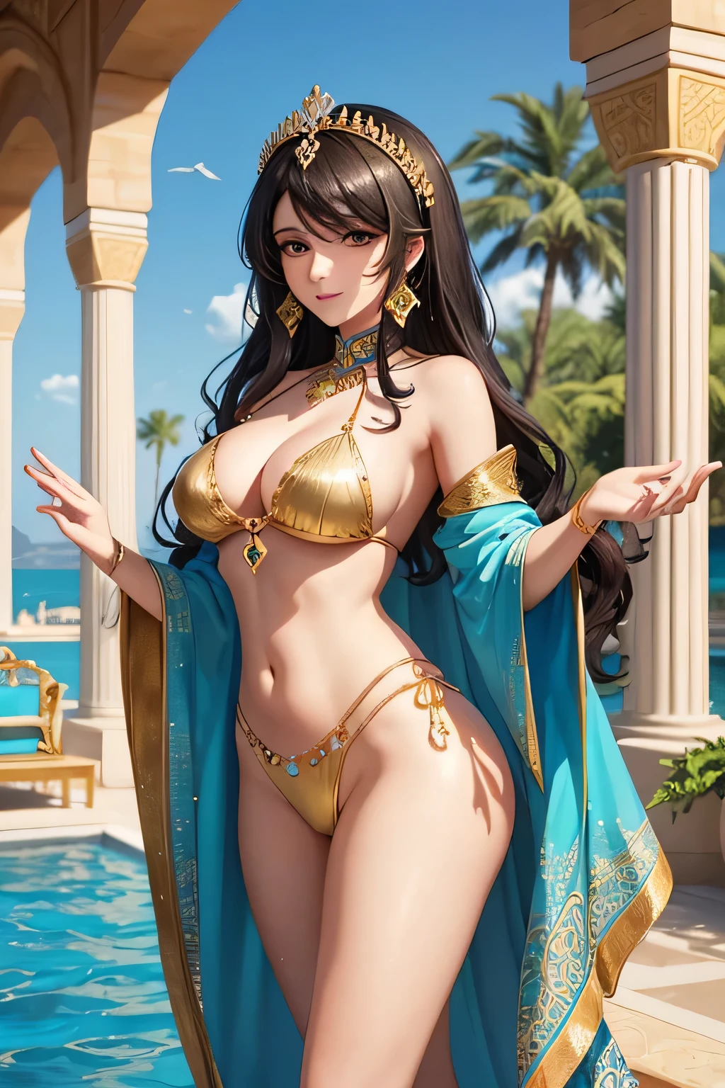 "In the opulent oasis of Sheherazade’s royal palace, Layla of Sheherazade, a striking princess with dark brown, curly hair, swims elegantly in a grand pool surrounded by exotic palms and ornate mosaic tiles. The pool is framed by graceful arches and minarets, with intricate geometric patterns and vibrant colors reflecting the kingdom’s rich artistic heritage. Layla wears a flowing, lightweight kaftan over a jewel-toned bikini, both adorned with gold embroidery and delicate sequins. The bright midday sun casts a golden hue over the entire scene, making the water gleam with a rich blue hue. Layla’s serene expression and graceful movements embody the luxurious and serene spirit of Sheherazade, as she glides effortlessly through the tranquil waters."