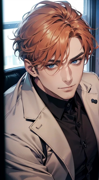 (best quality,4k,8k,highres,masterpiece:1.2),ultra-detailed,(realistic,photorealistic,photo-realistic:1.37),1 man,31 years old,mature man,very handsome,without expression,smile,short grey orange hair,blue eyes,penetrating gaze,perfect face without errors,imposing posture,businessman,office background,cinematic lighting,hdr image