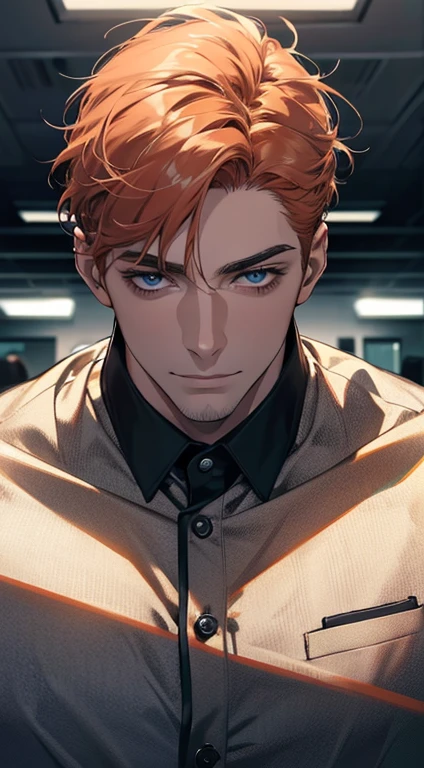 (best quality,4k,8k,highres,masterpiece:1.2),ultra-detailed,(realistic,photorealistic,photo-realistic:1.37),1 man,31 years old,mature man,very handsome,without expression,smile,short grey orange hair,blue eyes,penetrating gaze,perfect face without errors,imposing posture,businessman,office background,cinematic lighting,hdr image