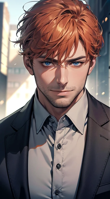 (best quality,4k,8k,highres,masterpiece:1.2),ultra-detailed,(realistic,photorealistic,photo-realistic:1.37),1 man,31 years old,mature man,very handsome,without expression,smile,short grey orange hair,blue eyes,penetrating gaze,perfect face without errors,imposing posture,businessman,office background,cinematic lighting,hdr image