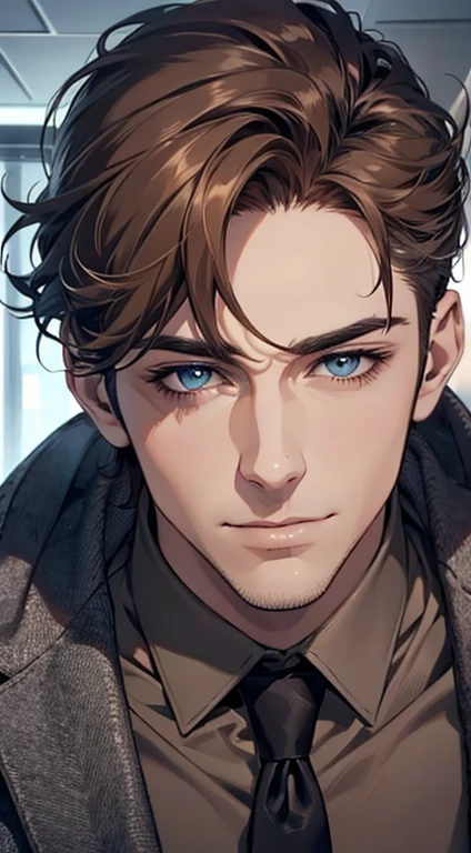 (best quality,4k,8k,highres,masterpiece:1.2),ultra-detailed,(realistic,photorealistic,photo-realistic:1.37),1 man,31 years old,mature man,very handsome,without expression,smile,short grey brown hair,blue eyes,penetrating gaze,perfect face without errors,imposing posture,businessman,office background,cinematic lighting,hdr image