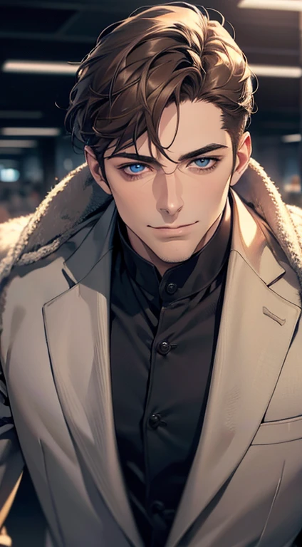 (best quality,4k,8k,highres,masterpiece:1.2),ultra-detailed,(realistic,photorealistic,photo-realistic:1.37),1 man,31 years old,mature man,very handsome,without expression,smile,short grey brown hair,blue eyes,penetrating gaze,perfect face without errors,imposing posture,businessman,office background,cinematic lighting,hdr image