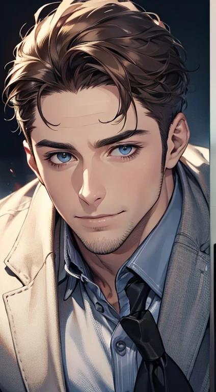 (best quality,4k,8k,highres,masterpiece:1.2),ultra-detailed,(realistic,photorealistic,photo-realistic:1.37),1 man,31 years old,mature man,very handsome,without expression,smile,short grey brown hair,blue eyes,penetrating gaze,perfect face without errors,imposing posture,businessman,office background,cinematic lighting,hdr image