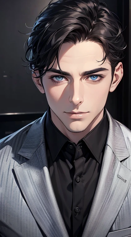 (best quality,4k,8k,highres,masterpiece:1.2),ultra-detailed,(realistic,photorealistic,photo-realistic:1.37),1 man,31 years old,mature man,very handsome,without expression,smile,short grey black hair,blue eyes,penetrating gaze,perfect face without errors,imposing posture,businessman,office background,cinematic lighting,hdr image