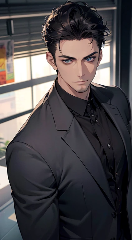 (best quality,4k,8k,highres,masterpiece:1.2),ultra-detailed,(realistic,photorealistic,photo-realistic:1.37),1 man,31 years old,mature man,very handsome,without expression,smile,short grey black hair,blue eyes,penetrating gaze,perfect face without errors,imposing posture,businessman,office background,cinematic lighting,hdr image