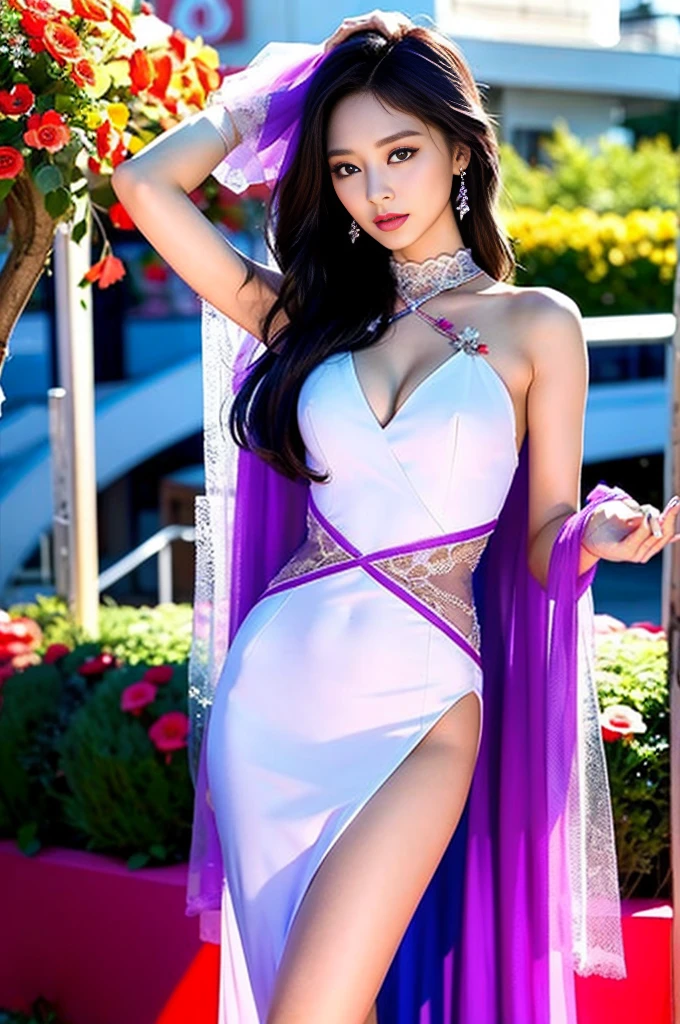 Tzuyu 1, woman, (Realistic), (Hyperrealism), (photoRealistic), Written boundary depth, eye make up:0.7 (whole body:1.8), (Large Bust),(Tight waist), Observe the audience,At the flower garden, Fashion Model, A  sheer dress with open shoulders and neckline
