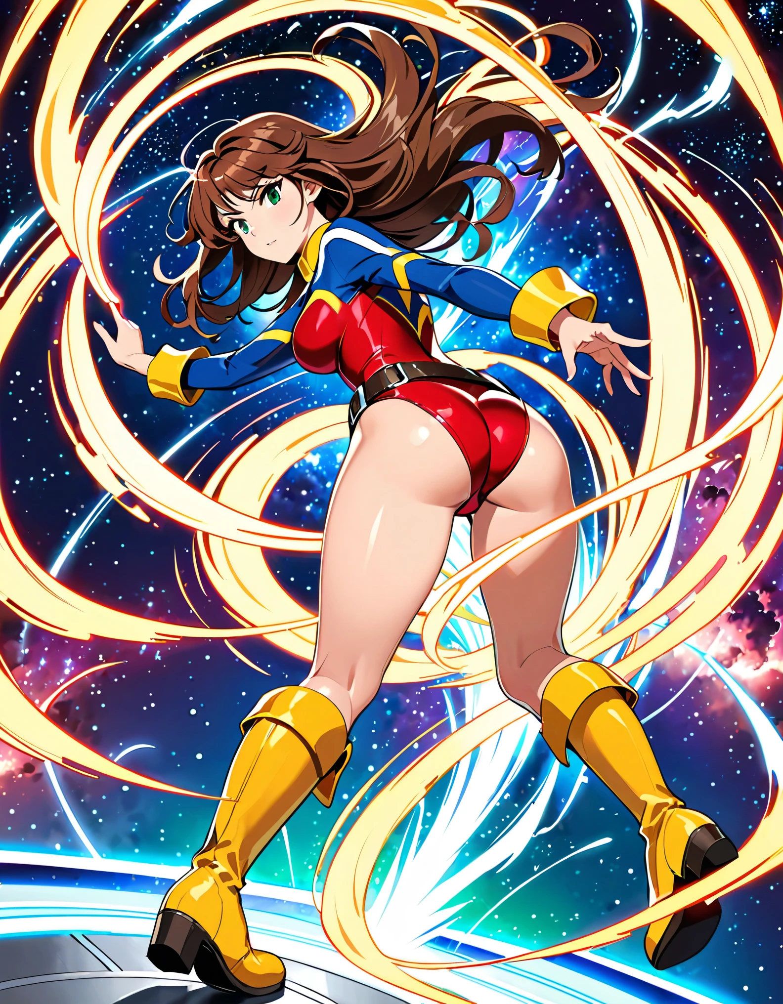 (masterpiece), (best quality), (high res), 1lady, tall body, finger proportions coordination, highly detailed, professional, beautiful detailed eyes, beautiful detailed face, perfect hands, complete fingers, perfect anatomy, perfect proportions, ((brown hair, medium hair, hair down)), ((green eyes)), ((leotard, (red leotard), matching leotard)), (bare legs), (boots, matching boots, knee-high boots, yellow boots), breasts, medium breasts, looking at viewer, solo, solo focus, cowboy shot, space backdrop, (((fastened tight belt))), (blue sleeves, yellow cuffs), ((yellow hawk/(symbol/)) on chest), full body costume design. standing straight, (fast spin, dynamic spin pose, spins fast in place like a tornado, whirls fast in place like a tornado, tornado whirling, spiral lines around her, speed lines around her, spinning energy pulse around her, storm winds around her, whirls into a tornado, (she whirls) at (super speeds)). curved sword slash. she super-spins, whirlwind, time travel, time warp. ((back view, rear view, from behind)).
