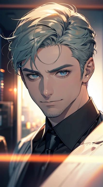 (best quality,4k,8k,highres,masterpiece:1.2),ultra-detailed,(realistic,photorealistic,photo-realistic:1.37),1 man,31 years old,mature man,very handsome,without expression,smile,short grey green hair,blue eyes,penetrating gaze,perfect face without errors,imposing posture,businessman,office background,cinematic lighting,hdr image