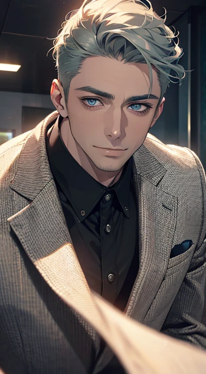 (best quality,4k,8k,highres,masterpiece:1.2),ultra-detailed,(realistic,photorealistic,photo-realistic:1.37),1 man,31 years old,mature man,very handsome,without expression,smile,short grey green hair,blue eyes,penetrating gaze,perfect face without errors,imposing posture,businessman,office background,cinematic lighting,hdr image