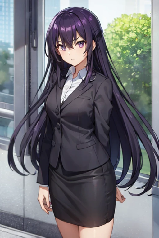 1girl, tohka yatogami, suit, office lady, black skirt, black blazer, pencil skirt, white shirt, collared shirt, long hair, teenager, looking at viewer, full body, 