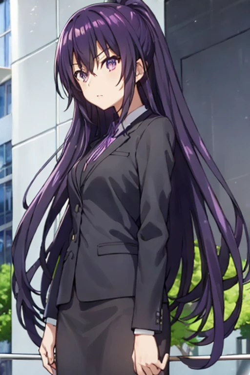 1girl, tohka yatogami, suit, office lady, black skirt, black blazer, pencil skirt, white shirt, collared shirt, long hair, teenager, looking at viewer, full body, 