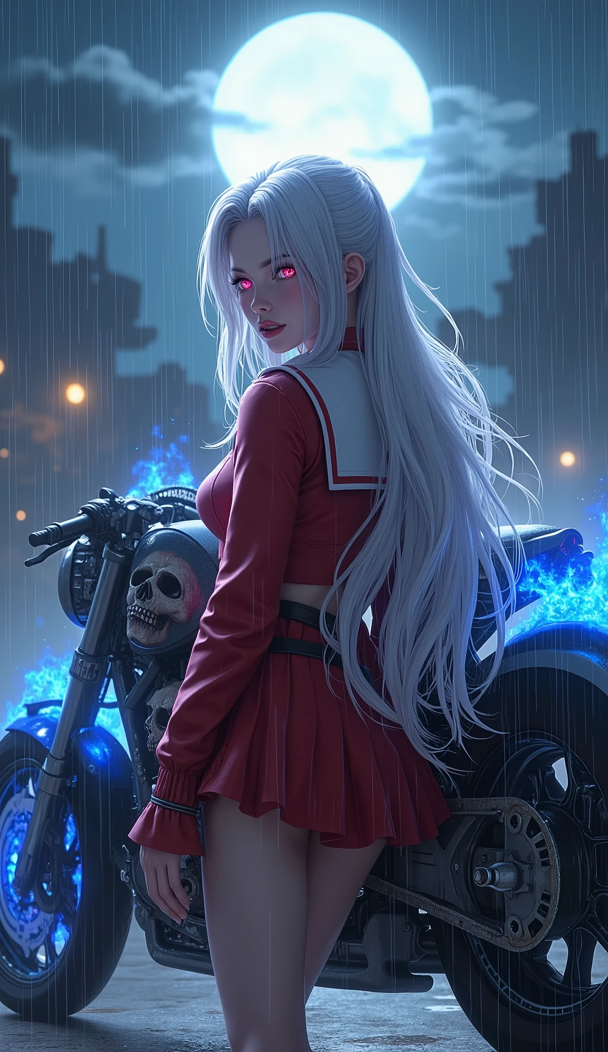 photorealistic,Realistic illustration in Modelshoot style,((masterpiece)),((The best quality)),((Ultra Quality)),((ultra detailed)),((1girl long white hair)),((Only)),((waifu:1.5)),Perfect anatomy,perfect hands,beautiful cuerpo,beautiful_method,ulzzang-6500-v1,e-chica,((Exceptionally Beauty Waifu Princess Tifa Lockhart)) 17-year-old Waifu Schoolgirl posando na frente de uma motocicleta futurista, the motorcycle has skulls and blue flames highly detailed 3D graphics, night scenery with full moon in the background, she is wearing a Red SchoolUniform with 3D skulls and flames and Sailor Miniskirt, Pantyhose , HDR, epic realism, high-octane rendering, obra de arte,((bright-pink_eyes)),long wavy hair, ((white hair)),hair clips,eyeliner,cute makeup,lipstick,Glossy lipstick,with a look of terror, worry and sadness,((eyes detallados perfectos)),rainy with fog outside,evening,pink theme,bioluminiscencia,light particles,((Extremely CG Unity 8K Wallpaper)),((cinematic lighting,Best quality lights)),intricate details,Suave,sharp focus,Extremely beautiful and aesthetic,Octane rendering,Full length portrait,damp skin,((Perfect detailed body)),