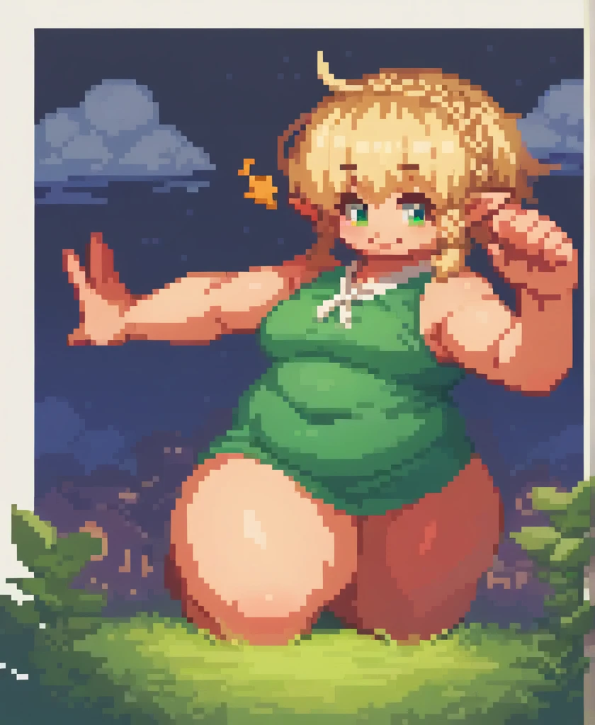 4k, pixel, 32bits, 1 solo girl, gluttonou fat elf girl, short hair, pointy ears, thick thighs, fat arms, fat neck, big cheeks, chubby face, blonde hair, (green eyes:1.5), braid, perfect body, smile, very cute, night