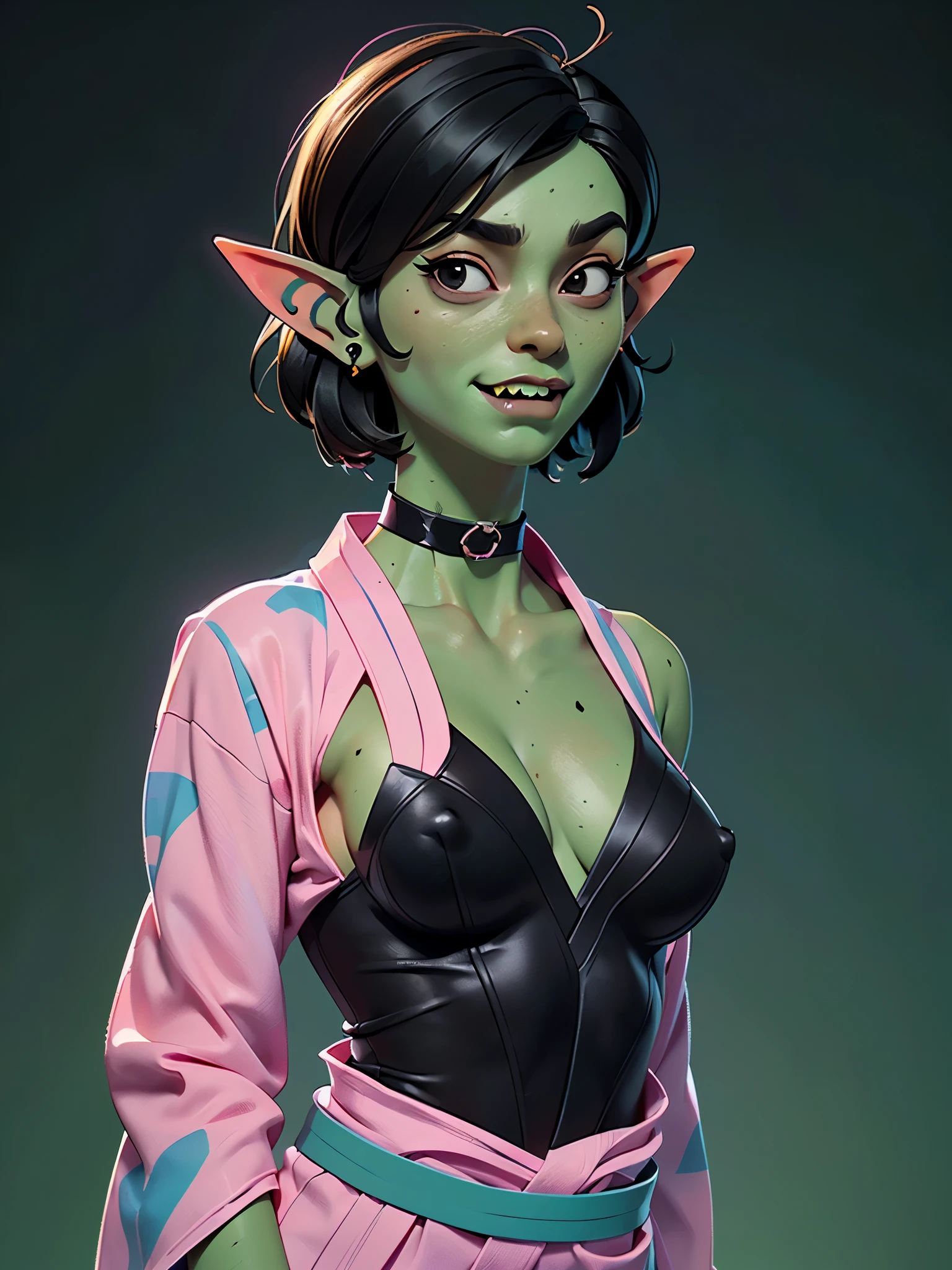 cute goblin girl, solo, abs, slender body, (upper body, bust:1.2), (very low height:1.3), (black eyes, green skin, black hair, short hair, big pointy ears:1.3), (fangs:1.2), bare shoulders, masterpiece, highly detailed, look at viewer, front view, (abstract, psychodelic:1.5), (small breasts, tiny breasts, male chest, exposed breasts, deep cleavage:1.5), (yukata, japanese clothes, tight clothing, choker:1.3), (transgressive art, octane render , saturated colors, pastel colors:1.3), (gradient background, colorful background:1.3), expressing joy, belts, shoulder-belts