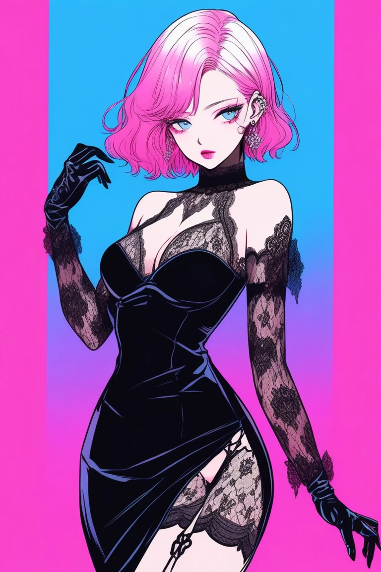 Illustrator, anime , Realistic , sketch , 1 person, model, lip, A sheer gothic black dress with lace and a revealing cut, Lace gloves, order, Blue and pink gradient background, Neon Color Hair, Big Breasts, Upper Body, Sexy pose、Texture Trim、Russian、（masterpiece、Highest quality）