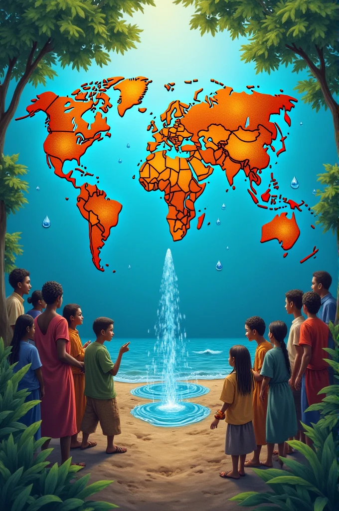 • A world map with water droplets
• People from different backgrounds sharing a water source
• A person or community struggling to access clean water
• Nature-inspired imagery