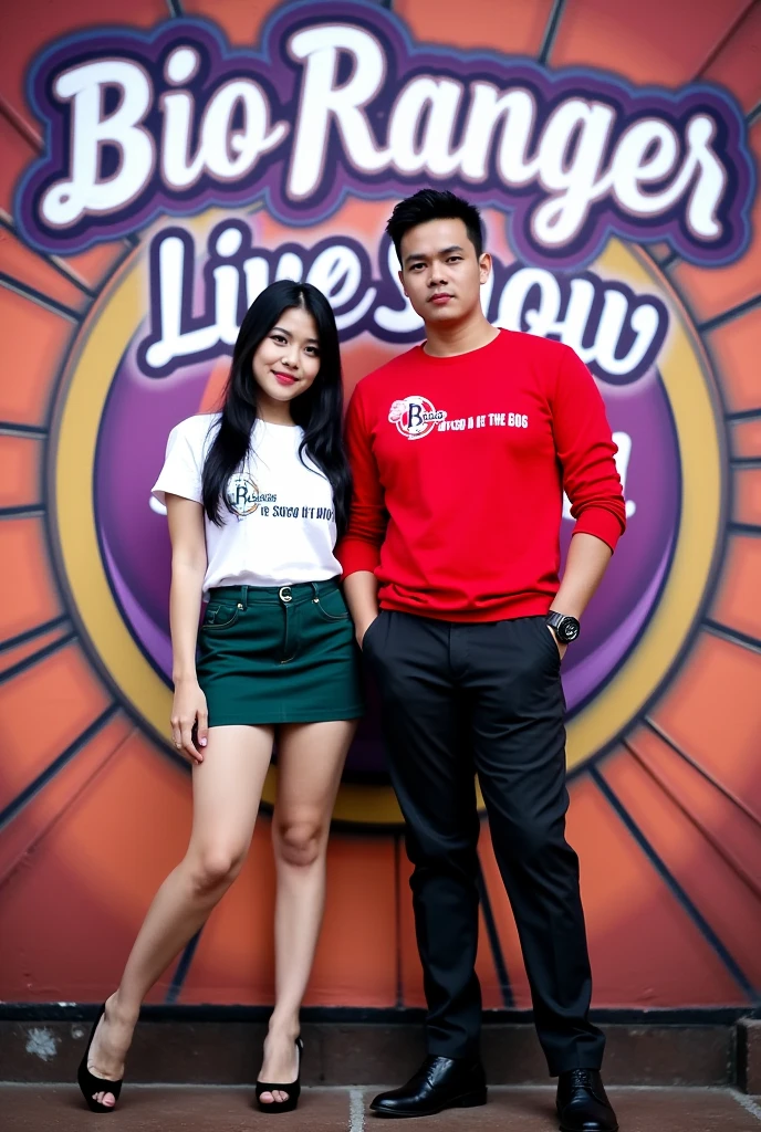2 people,1.man,Age 20,Wearing a long-sleeved red shirt that says Boss The Sego Thailand 1 ,black pants ,Black shoes 1.woman,Age 22,Wearing a short-sleeved white shirt that says Luka The Sego Thailand 2 ,short green skirt ,Black high heels with a wall on the back that says Bio Ranger Live Show By BB Office