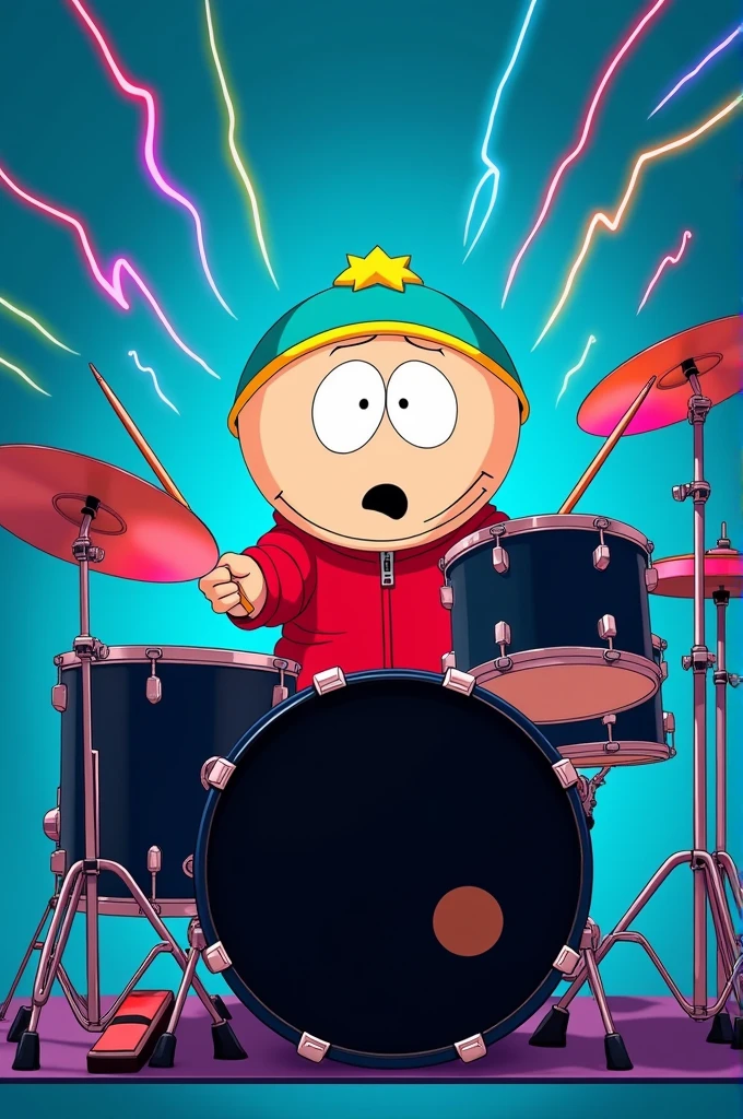 Erik Cartman playing the drums, blue background
