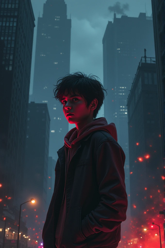 _Title:_ "Revenge in the Darkness"

_bottom:_ A dark and gritty cityscape at night, with a flash of smoke and flames in the distance.

_central image:_ The silhouette of the young protagonist, standing with a fierce expression, looking out at the city.

_Color Scheme:_ Dark blues and grays, with a touch of red to represent the protagonist's anger and desire for revenge.

_Slogan:_ "The fire that burned me, Now it drives me"