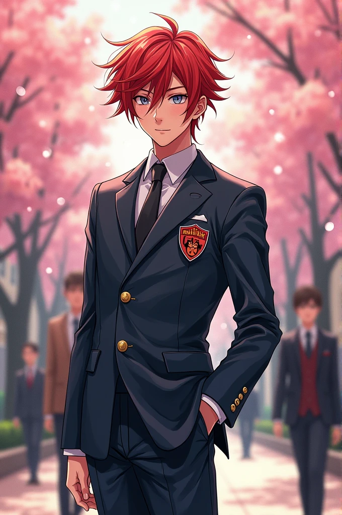 a manhwa character with gray eyes and red hair wearing a university uniform 