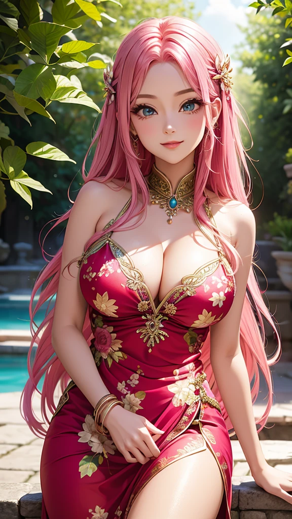 beautiful goddess 22 years old shiny skin bright pink hair. alas de mariposa en su espalda, ojos azul claro detallados alta calidad pechos grandes. cleavage asian and greek clothes. sonrisa alas de mariposa salen de su espalda