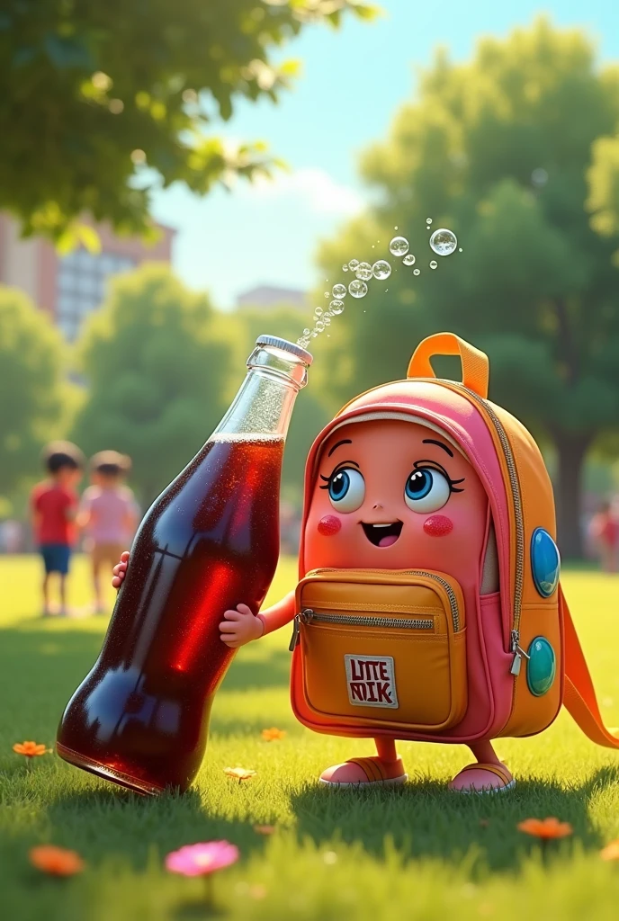 Backpack take soda bottle and kiss soda bottle