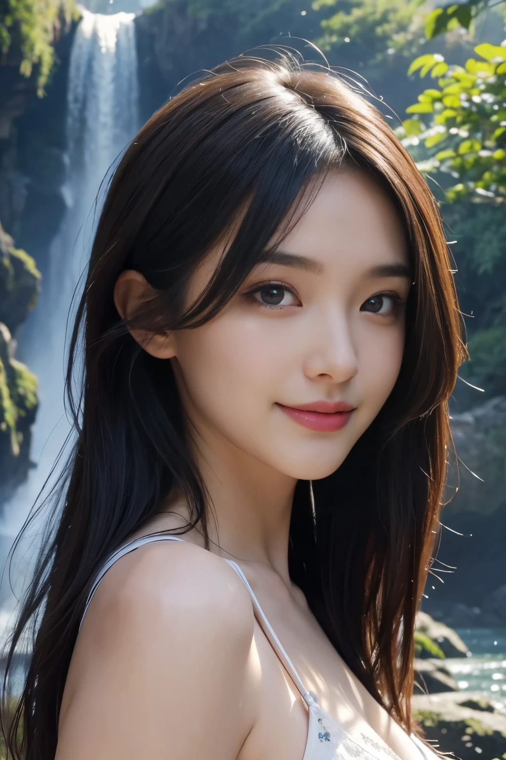 (ultra realistic) , (illustration), (increase resolution), (8K), (extremely detailed), (best illustration), (beautiful detailed eyes), (best quality), (ultra-detailed), (masterpiece), (wallpaper), (detailed face), 1 girl, black straight hair, plump breasts, slender body, delicate details, in the dark, deep shadow, low key, pureerosfaceace_v1, happy smile, summer dress, waterfall, rainforest