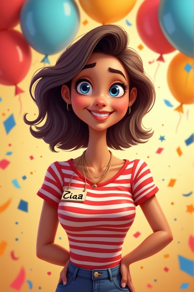 a white woman wearing a red and white shirt, cartoon, and name tag ziaa