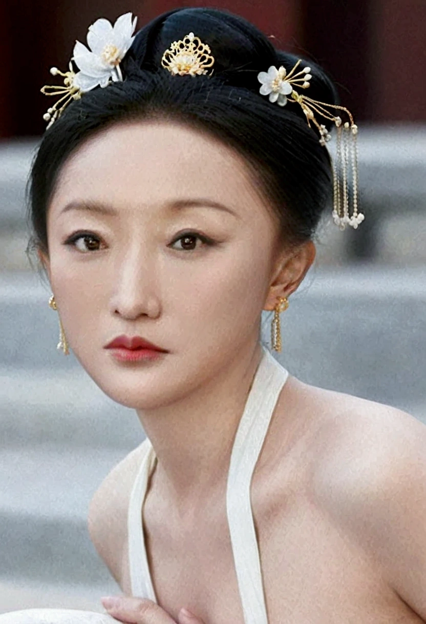 The Empress of the Qing Dynasty was naked and had slightly large breasts., Pose on all fours, You can see her sticking out her butt from the side., The background is outside of a Qing Dynasty palace