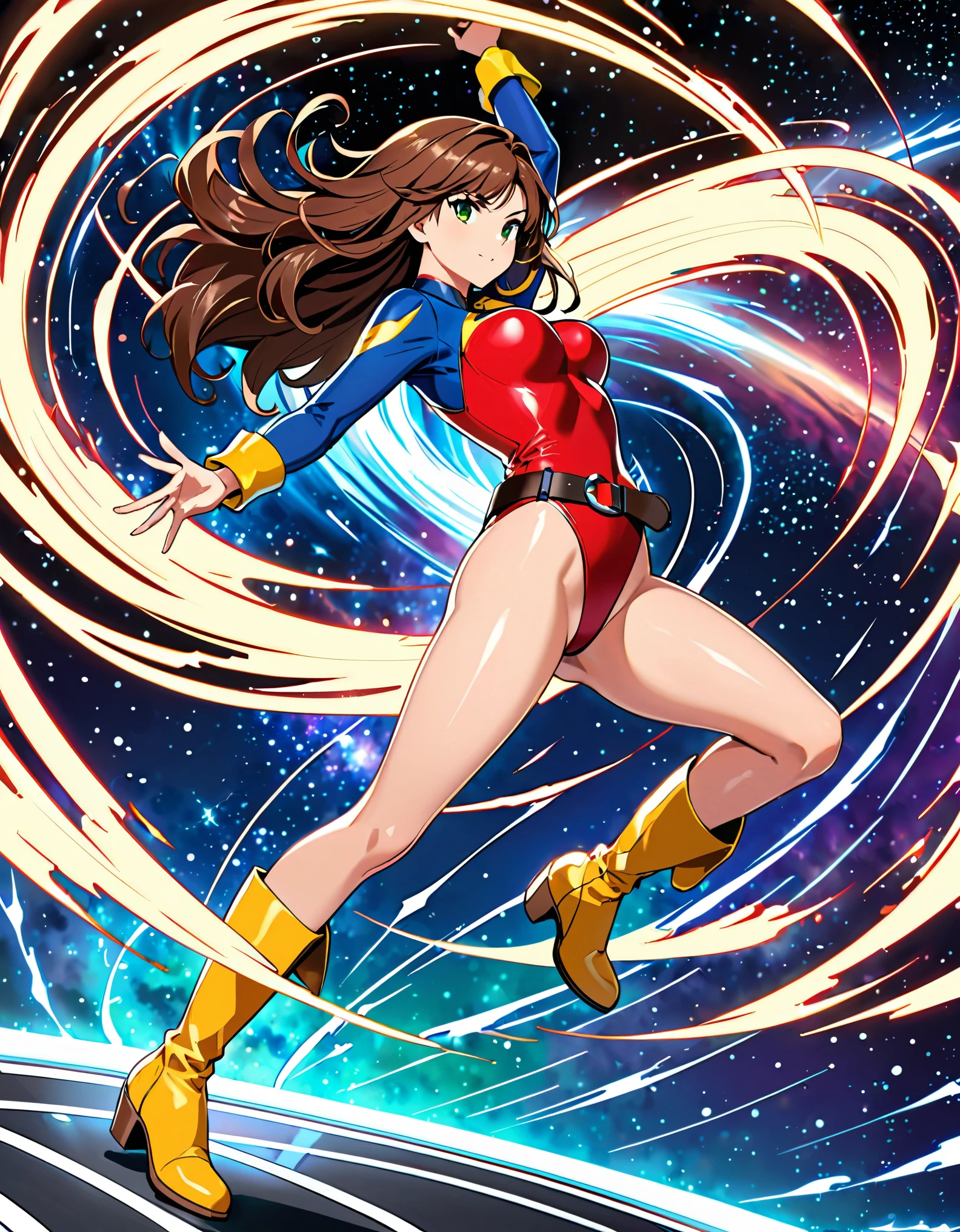(masterpiece), (best quality), (high res), 1lady, tall body, finger proportions coordination, highly detailed, professional, beautiful detailed eyes, beautiful detailed face, perfect hands, complete fingers, perfect anatomy, perfect proportions, ((brown hair, medium hair, hair down)), ((green eyes)), ((leotard, (red leotard), matching leotard)), (bare legs), (boots, matching boots, knee-high boots, yellow boots), breasts, medium breasts, looking at viewer, solo, solo focus, cowboy shot, space backdrop, (((fastened tight belt))), (blue sleeves, yellow cuffs), ((yellow hawk/(symbol/)) on chest), full body costume design. standing straight, (fast spin, dynamic spin pose, spins fast in place like a tornado, whirls fast in place like a tornado, tornado whirling, spiral lines around her, speed lines around her, spinning energy pulse around her, storm winds around her, whirls into a tornado, (she whirls) at (super speeds)). curved sword slash. she super-spins, whirlwind, time travel, time warp. ((back view, rear view, from behind)).