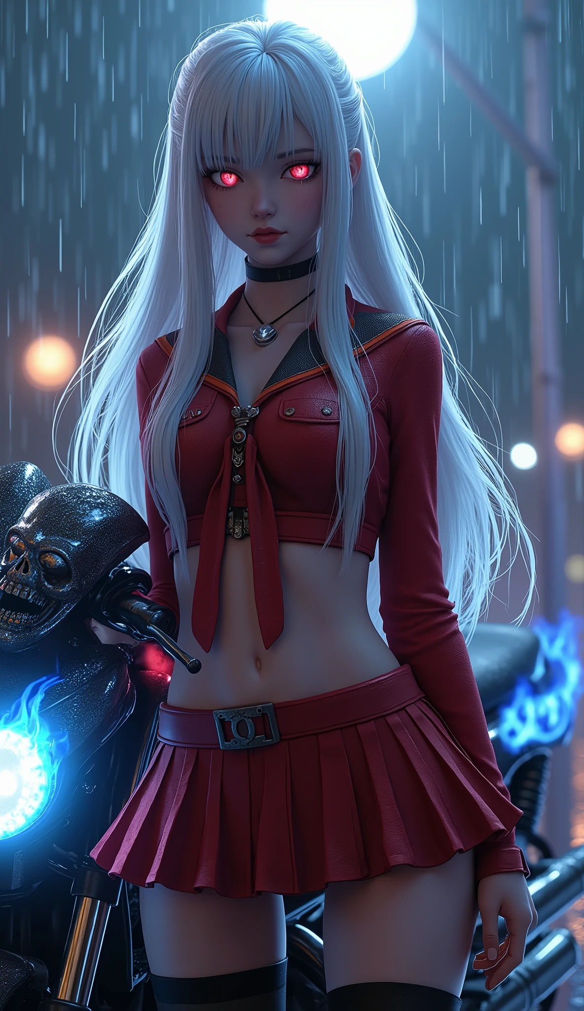 photorealistic,Realistic illustration in Modelshoot style,((masterpiece)),((The best quality)),((Ultra Quality)),((ultra detailed)),((1girl long white hair)),((Only)),((waifu:1.5)),Perfect anatomy,perfect hands,beautiful cuerpo,beautiful_method,ulzzang-6500-v1,e-chica,((Exceptionally Beauty Waifu Princess Tifa Lockhart)),((17-year-old Waifu Schoolgirl posando na frente de uma motocicleta futurista)), ((the motorcycle has skulls and blue flames highly detailed 3D graphics)), ((night scenery with full moon in the background)), ((she is wearing a Red SchoolUniform with 3D skulls and flames and Sailor Miniskirt, Pantyhose )), ((HDR, epic realism, high-octane rendering, obra de arte)),((bright-pink_eyes)),long wavy hair, ((white hair)),hair clips,eyeliner,cute makeup,lipstick,Glossy lipstick,with a look of terror, worry and sadness,((eyes detallados perfectos)),rainy with fog outside,evening,pink theme,bioluminiscencia,light particles,((Extremely CG Unity 8K Wallpaper)),((cinematic lighting,Best quality lights)),intricate details,Suave,sharp focus,Extremely beautiful and aesthetic,Octane rendering,Full length portrait,damp skin,((Perfect detailed body)),