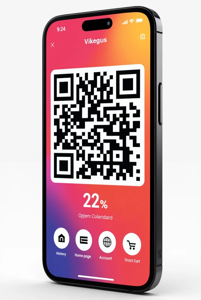 A mobile app screen, below side icons of features and scanning a QR code on screen
Remove time from screen, and make QR code scanner big (25% of screen). QR code must be perfect black and white. Bellowed icons change to history icon, home page icon, account icon, and cart icon
