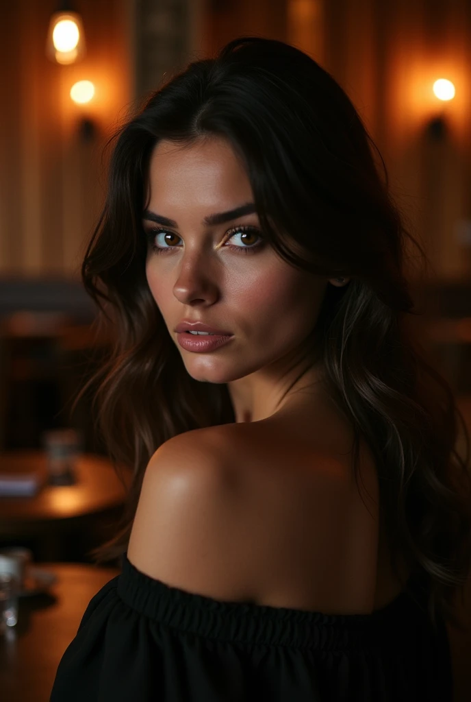 Brunette cafe Face very Real 33 years old very pretty looking straight ahead now in a dark room