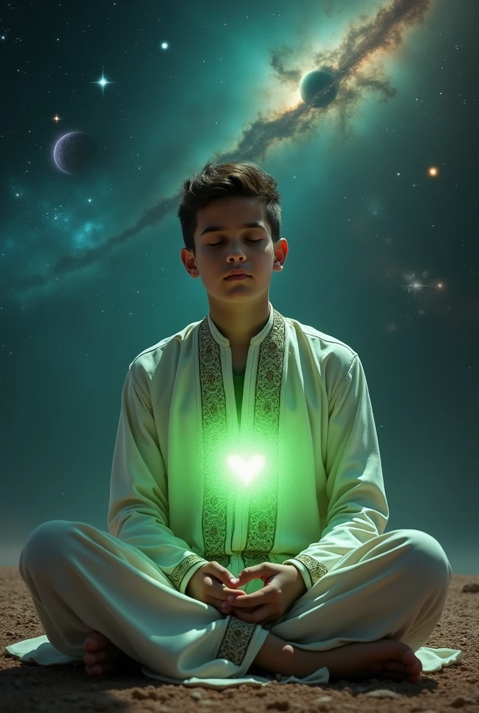 Islamic young scholar doing meditation sitting on his knees and eyes closed put whole universe in the background and also put a green light on his heart