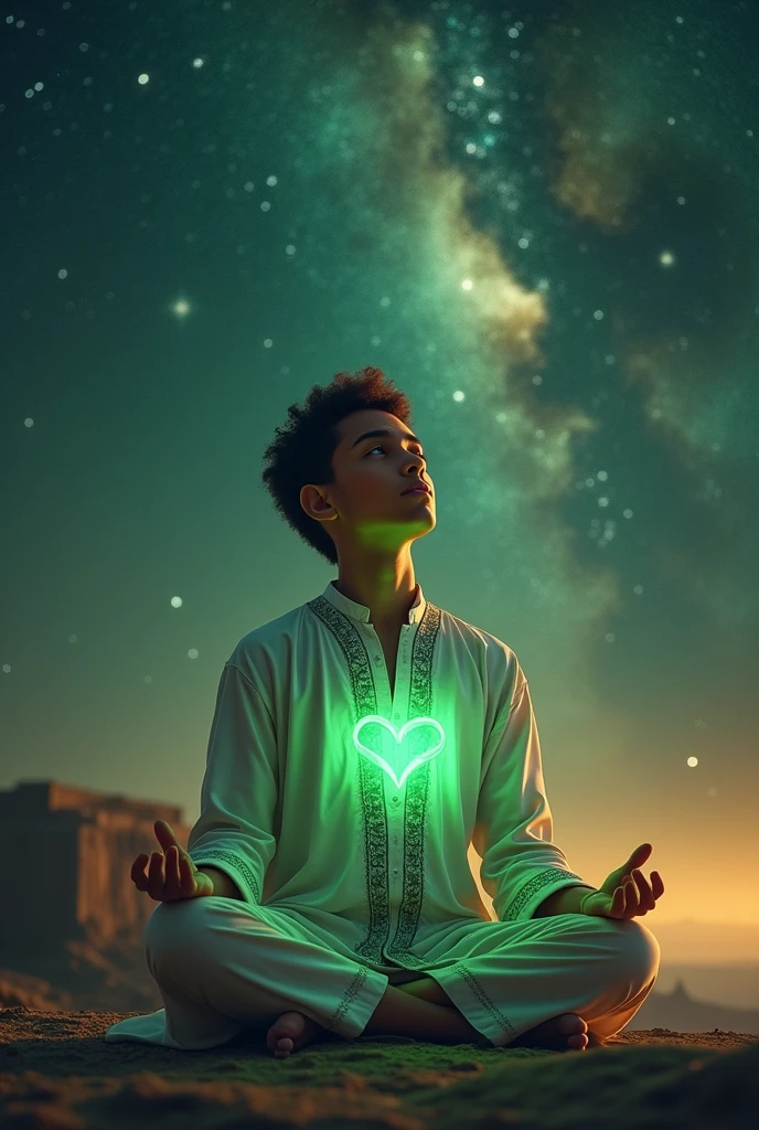 Islamic young scholar doing meditation sitting on his knees and eyes closed put whole universe in the background and also put a green light on his heart