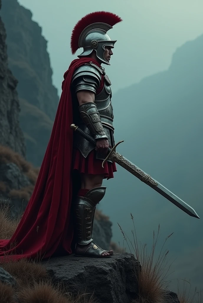 The image has a cool and dark tone, side_viee, a Roman centurion wearing full armor and a helmet with a red plume on top, with only his eyes visible, long red cloak over the armor and is holding a Roman sword in his right hand, pointing it to the sky, stands in a strong pose on a cliff, The background is dark and gloomy with tall dry grass and scattered rocks. The image is detailed with realistic light and shadow.