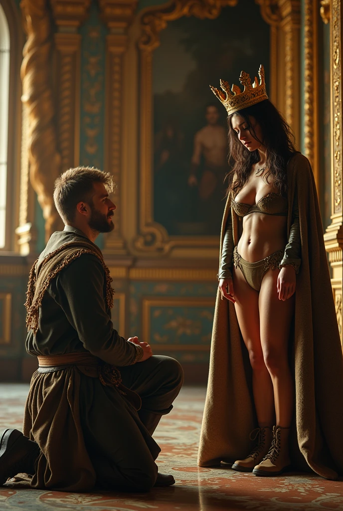 Magnificent detail, 8K Photos, hyper- realism, realistic background, wide angle lens, professional lighting. photography of a [naughty man pobres campones, dressed in old and dirty clothes], with hands begging kneeling for a [38-year-old king, Young look, bonitas, stark, mighty], that is standing, stop caressing a [Woman de 23 anos, pobres, Linda, peasant, with very disheveled dark brown hair, signs of mistreatment] who is also standing, being caressed by a king. or naughty man está desolado e triste. a Woman está retirando seu casaco sobretudo sensualmente, showing off her body in a sensual lingerie made of cheap and old fabric. Your breasts are partially visible. Your crotch is visible, performing sensuality. The king has white skin, blonde hair and beard, neatly trimmed, he wears his traditional luxurious royal robe., traditional royal attire and a golden royal crown. The setting is of a luxurious Palace, decorated with elaborate gold details. a cena transmite um stark sentimento de desespero e sacrifício do naughty man, mutual sensuality and king&#39;s power. or [naughty man] is sweaty, grimy, dressed in old peasant-style clothes, {a [Woman] has messy hair. [Woman] it&#39;s very delicious, Curvy Body, mackerel.} {a [Woman] She has a sexually submissive expression.} devotion. sensual photo. adult content.