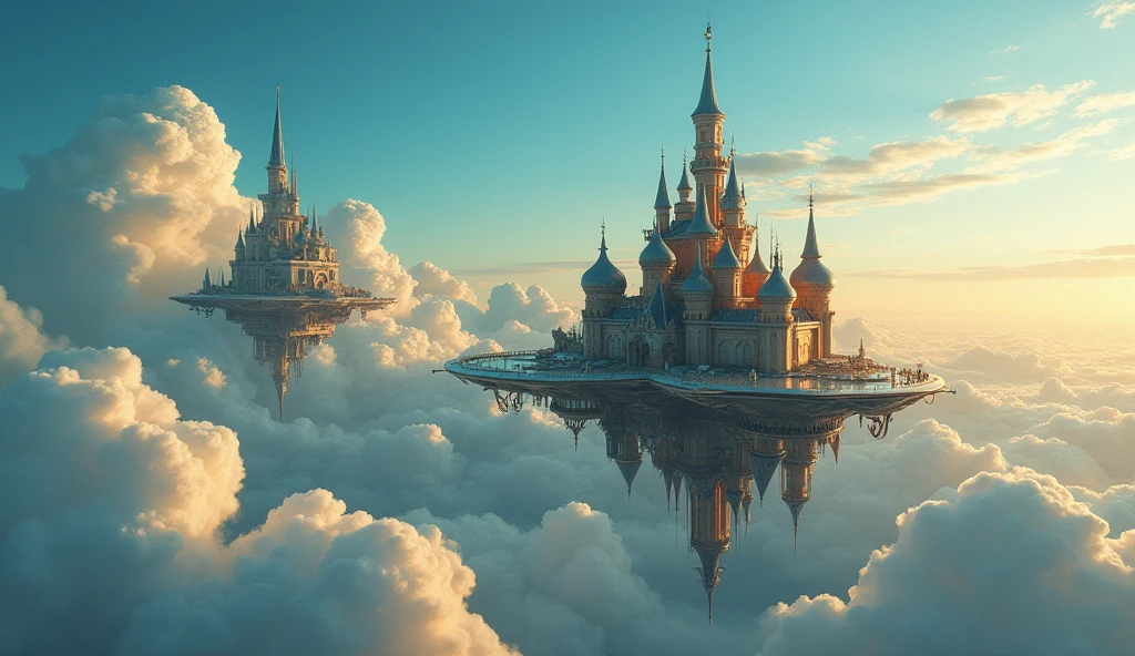 (Highest quality,High resolution,masterpiece:1.2),Very detailed,(Realistic:1.37),((Gigantic Castles Floating in the Sky)),((Equipped with Exceptional Propulsion Systems)),(Metallic texture),Vibrant colors,SF Aesthetics,Intense perspective,Modern miracle,Forward-Thinking Mindset,Technological Advancement