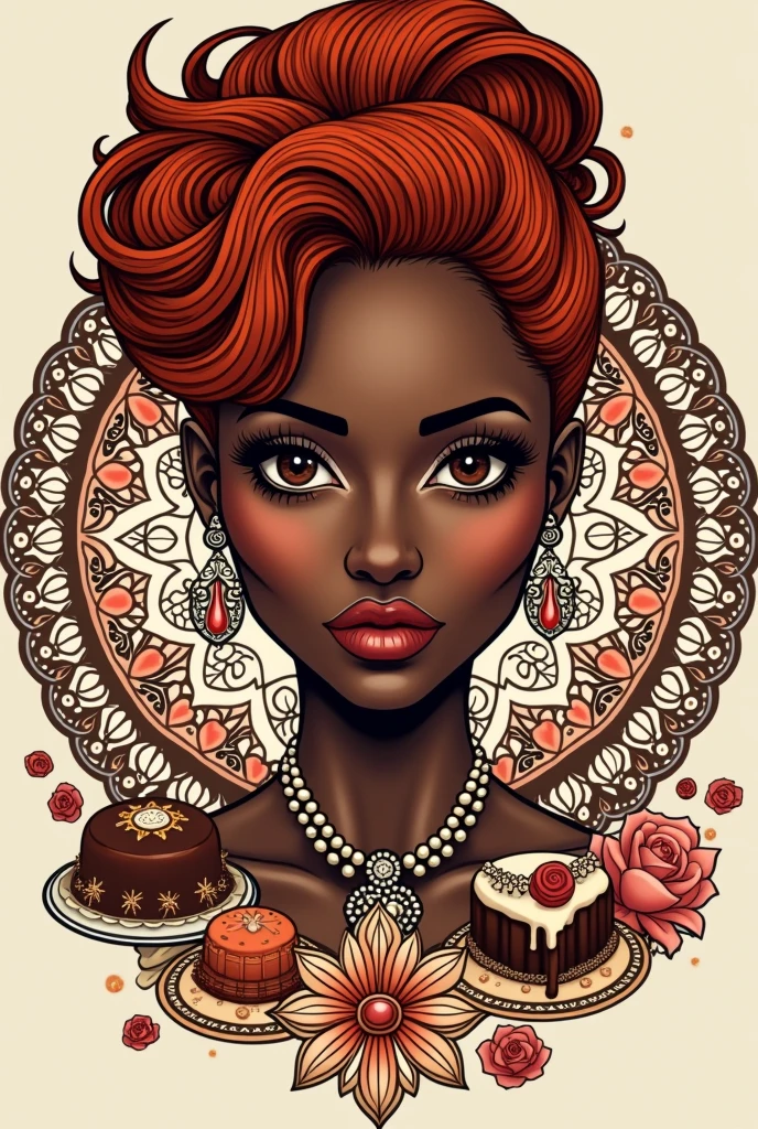 ONLINE STORE logo with the NAME  "LITTLE DETAILS"
Very dark-skinned woman with red hair, complexion size XL WITH DESSERTS, mandalas, JEWELRY FOR LADIES AND GENTLEMEN, SURPRISE BOXES 