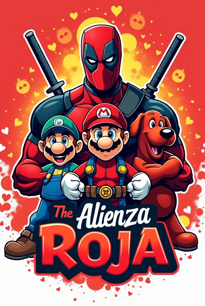 Logo of the red alliance of health where Deadpool, Mario Bros and Clifford the red dog appear and says in the image red alliance in the Spanish language of Spain