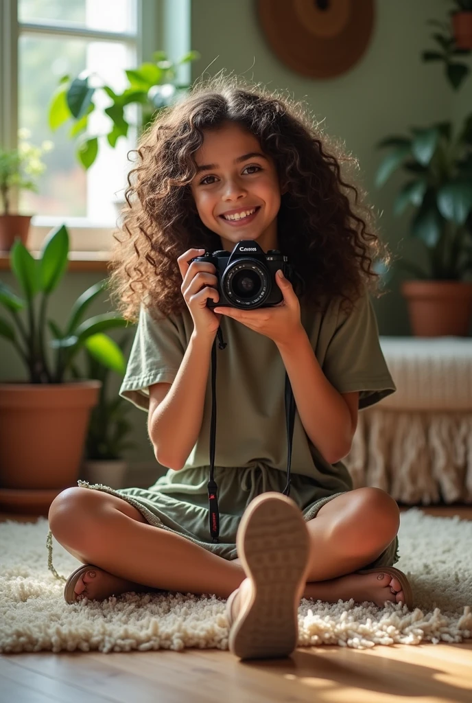 A brunette girl with curly hair and big breasts sits with her legs stretched out, taking a realistic photo