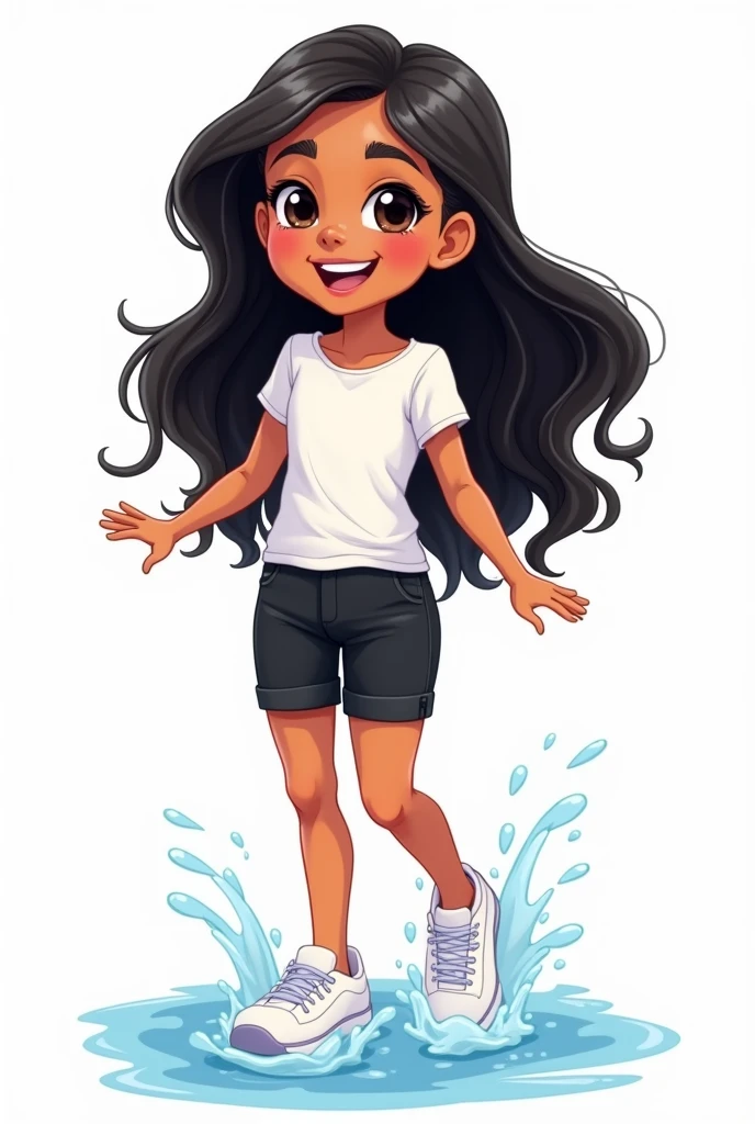 legoman SD, lineart, 1girl, portrait of a woman, llustration of an avatar of an Latino girl named lucy with long black beautiful hair ,wearing a white top and black shorts with white sneakers ,plain white background, isolated on white, swimming