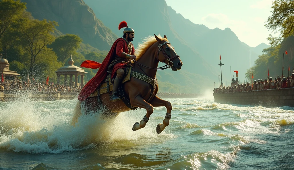 Chetak making his final leap across a river with Maharana Pratap on his back. The horse is clearly injured, with arrows piercing its body, but its expression is one of fierce determination. On the other side of the river, safety and a few loyal soldiers await