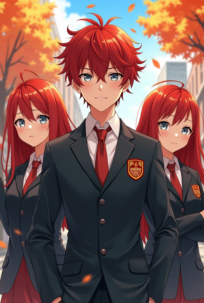 A manhwa character with gray eyes and red hair wearing a university uniform. Can you add his sisters who physically resemble him since they are triplets? 
