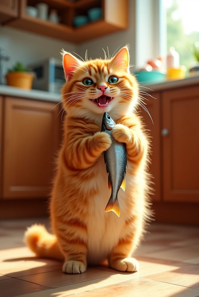 Draw a picture of an obese orange cat holding a mackerel, standing happily.