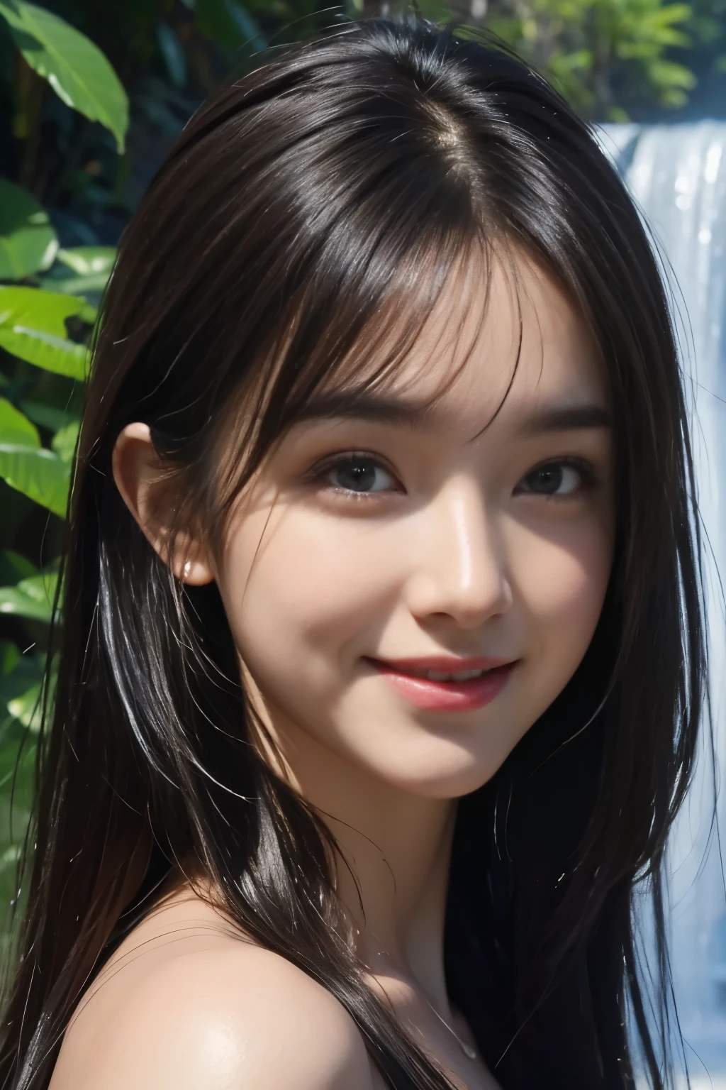 (ultra realistic) , (illustration), (increase resolution), (8K), (extremely detailed), (best illustration), (beautiful detailed eyes), (best quality), (ultra-detailed), (masterpiece), (wallpaper), (detailed face), 1 girl, black straight hair, plump breasts, slender body, delicate details, in the dark, deep shadow, low key, pureerosfaceace_v1, happy smile, summer dress, waterfall, rainforest
