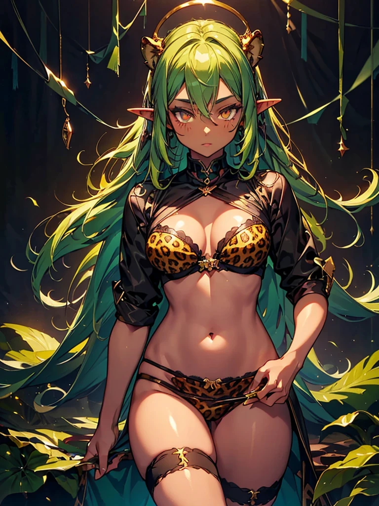 Black background with spotlight,Mature Elf Woman 1people((Dark Skin:1.5,Golden eyes:1.4,Bright green hair:1.3,Gal Style,big ,)), Leopard print underwear
